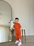 Miniğimin Cicileri Tshirt Süzine Keten Pantolon Erkek 2 li Takım - Oranj