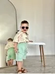 Miniğimin Cicileri Müslin Etnik Desen Gömlek Şortlu Erkek 2 li Takım - Su Yeşili