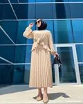 Moda Emira Pilise Etekli Bağlamalı Kadın Tesettür Takım - Bej