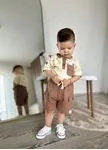 Miniğimin Cicileri Müslin Etnik Desen Cep Detaylı Tshirt Şortlu Erkek 2 li Takım - Kahverengi