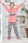 Miniğimin Cicileri Panda Kalpli Kız Çocuk Pijama Takımı - Mercan