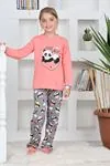 Miniğimin Cicileri Panda Kalpli Kız Çocuk Pijama Takımı - Mercan