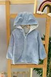 Miniğimin Cicileri (6-24 Ay) Kulak Detaylı Kapüşonlu Peluş Unisex Bebe Hırka - Bebe Mavi