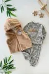 Miniğimin Cicileri (6-18 Ay) Little Kalp Desenli Peluş Kız Bebe 3 Lü Takım - Kahverengi