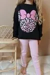 Miniğimin Cicileri Leopar Desen Fitilli taytlı Kız Çocuk Takım - Pembe