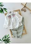 Miniğimin Cicileri Gipe Nakış Gabardin Fiyonk pantolon Kız Bebek Takım - Beyaz