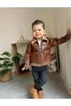 Miniğimin Cicileri (1-8 Yaş) Deri Mont İç Kaşe Astar Erkek Çocuk 3 lü Takım - Taba