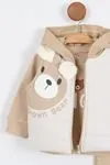 Miniğimin Cicileri Bear Baskılı Yelek Kulak Figürlü 3'lü Erkek Bebek Takım - Bej