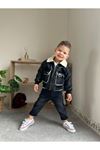 Miniğimin Cicileri Deri Kürklü Cepli Montlu Run Baskı 3 Lü Erkek Çocuk Takım - Siyah