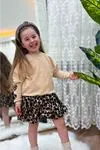 Miniğimin Cicileri Kol Kalp Detaylı Leopar Desenli Kız Çocuk Etekli 2 li Takım - Krem