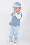 Miniğimin Cicileri Çizgili Yelekli Erkek Bebe Kasketli Takım - Mavi