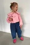 Miniğimin Cicileri Kalp İşleme Detaylı Kot Pantolonlu Kız Çocuk 2 li Takım - Pembe