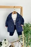 Miniğimin Cicileri Düğmeli Renkli Astarlı Trençkotlu Unisex 3 lü Takım - Lacivert