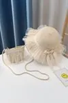 Miniğimin Cicileri Tül Detaylı Hasır Çantalı Kız Çocuk 2 li Şapka Set - Krem