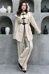 Moda Emira Siyah Biye Detaylı Fırfırlı Krem Kadın Takım - Krem