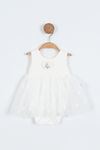 Miniğimin Cicileri (3-15 Ay) Gül Desenli Tüllü Zıbınlı Kız Bebek Elbise - Beyaz
