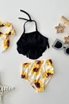 Miniğimin Cicileri (2-8 Yaş) Ayçiçeği Baskılı Püsküllü Kız Çocuk Mayo Bikini Takım - Siyah