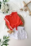 Miniğimin Cicileri Nakış Detay T-shirt Yandan Düğmeli Şort Etek Kız Çocuk Takım - Turuncu
