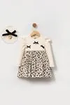 Miniğimin Cicileri Leopar Detaylı Fiyonklu Kız Bebe Elbise - Bej