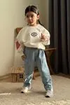 Miniğimin Cicileri Ekose Kalp Desenli Kot Pantolonlu Kız Çocuk Takım - Beyaz