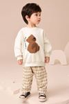 Miniğimin Cicileri Kareli Ayıcık Panç İşleme Detaylı Erkek Çocuk Takım - Krem