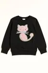 Miniğimin Cicileri Kedicik Detaylı Kız Çocuk Sweatshirt - Siyah