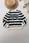 Miniğimin Cicileri Kelebek Taş Desenli Kız Çocum Çizgili Sweat - SiyahBeyaz