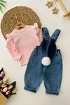 Miniğimin Cicileri Pembe Fırfırlı Uzun Kol Bluz ve Kot Askılı Tavşan Desenli Kız Bebek 2’li Tulum Takım - Pembe