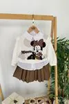 Miniğimin Cicileri Minnie Mouse Baskılı Fırfır Kol Sweatshirt ve Pileli Etekli Kız Çocuk 2’li Takım - Kahve