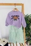 Miniğimin Cicileri Future Artist Baskılı Sweatshirt ve Yeşil Çizgili Kız Çocuk Pantolon Takım - Lila