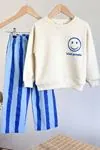 Miniğimin Cicileri Smile Detaylı Çizgili Unisex Çocuk Takım - Mavi