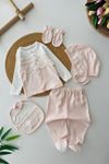 Miniğimin Cicileri Dantel Çiçek Detaylı 5’li Organik Kız Bebek Hastane Çıkış Seti - Pembe