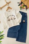 Miniğimin Cicileri Çiçek Nakışlı Sweat & Kot Pantolon 2’li Kız Takımı  - Ekru
