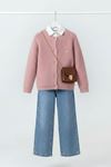 Miniğimin Cicileri Yumuşak Dokulu Kalp Detaylı Hırka  ve Geniş Paça Jean Kız Çocuk Kombini - Pembe