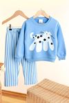Miniğimin Cicileri Kedicik Baskılı Çizgi Detaylı Unisex Çocuk Takım - Bebe Mavisi