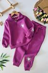 Miniğimin Cicileri Kalp İşleme Detaylı Kışlık Kanguru Cepli Kız Çocuk Takım - Mor