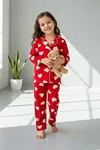 Miniğimin Cicileri Kalp Desenli Süet Kız Çocuk Pijama Takımı- Kırmızı