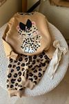 Miniğimin Cicileri Kesicil Baskılı Leopar Detaylı Kız Çocuk Kışlık Takım - Bej