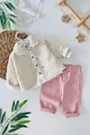Miniğimin Cicileri Kapitone Ceketli Gömlek ve Pantolon 3 lü Kız Takımı - Krem