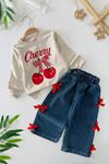 Miniğimin Cicileri Kiraz Baskılı Fiyonk Detaylı Kız Çocuk Mevsimlik Takım - Bej