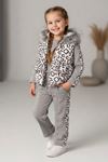 Miniğimin Cicileri Kürklü Leopar Yelekli  Kız Çocuk 3 lü Takım - Gri