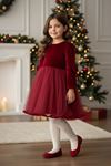 Miniğimin Cicileri Kadife Kolları Fiyonk Detaylı Tül Kız Çocuk Elbise - Bordo