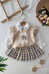 Miniğimin Cicileri Sevimli Tavşan Desenli Ekose Etekli Triko Kız Çocuk 3 lü Takım - Bej