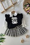 Miniğimin Cicileri Sevimli Tavşan Desenli Ekose Etekli Triko Kız Çocuk 3 lü Takım - Siyah