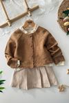 Miniğimin Cicileri Örgü Çiçek Hırkalı 3lü Etekli Kız Çocuk Takım - Kahverengi