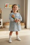 Miniğimin Cicileri Çiçek Aplikeli Düğmeli Cepli Kot Kız Çocuk Elbise - Buz Mavisi