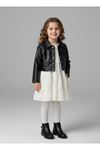 Miniğimin Cicileri Kat Kat Fırfırlı Beyaz Elbise ve Püsküllü Deri Ceket Kız Çocuk Takımı - Siyah