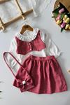 Miniğimin Cicileri Fırfır Yakalı Bluzlu Yelek Detaylı Etekli Kız Çocuk Çantalı 3’lü Takım - Bordo