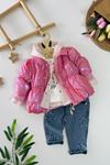 Miniğimin Cicileri Hologram Montlu Kapüşonlu Hırkalı 4 lü Kız Bebek Kışlık Takım - Pembe