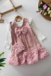 Miniğimin Cicileri Eteği Gül Detaylı Çantalı Kız Çocuk Tüvit Elbise - Pembe